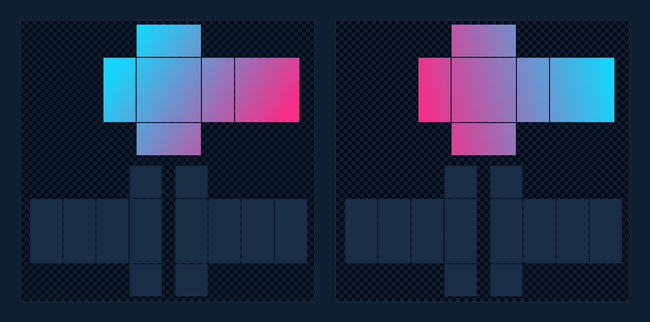 Before and after: the same torso gradient with its angle changed, every connected panel updating at once