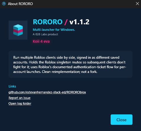 RORORO about screen with version and license info
