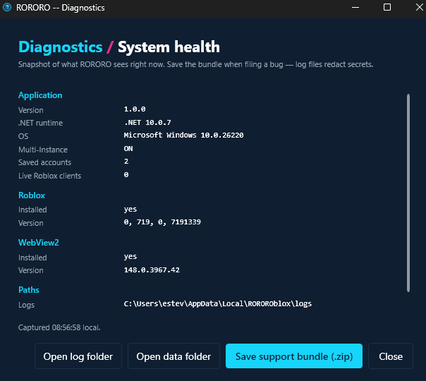 RORORO diagnostics tab