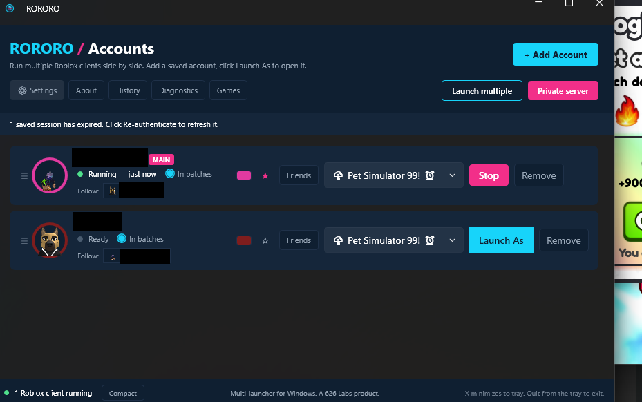 RORORO main window — saved accounts list with per-account Launch As, the singleton-lock toggle, and the state-coloured tray ring