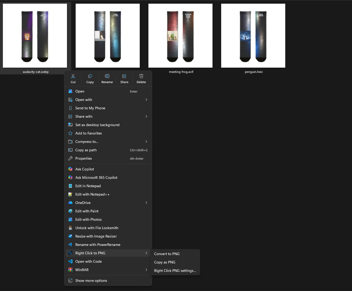 The File Explorer right-click menu on a .webp file, showing Convert to PNG and Copy as PNG