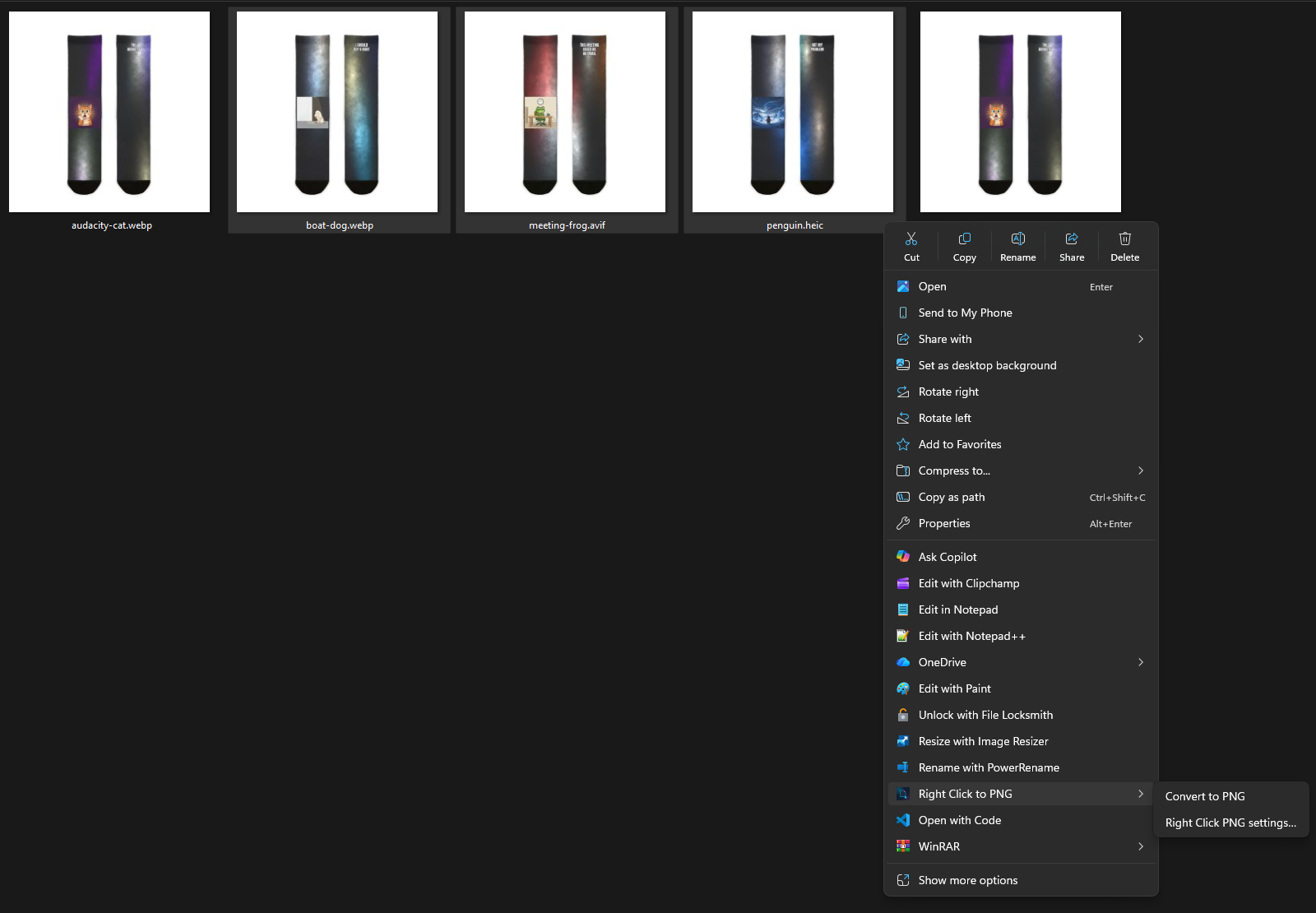 Three selected files, .webp, .avif and .heic, with the Right Click to PNG submenu open