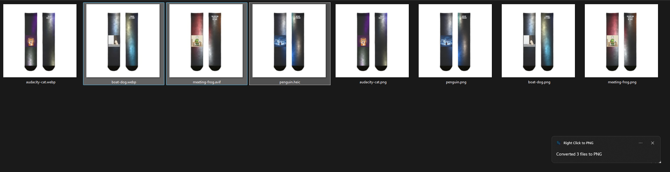 The folder after a batch conversion, each .png beside its original, with a toast reading Converted 3 files to PNG