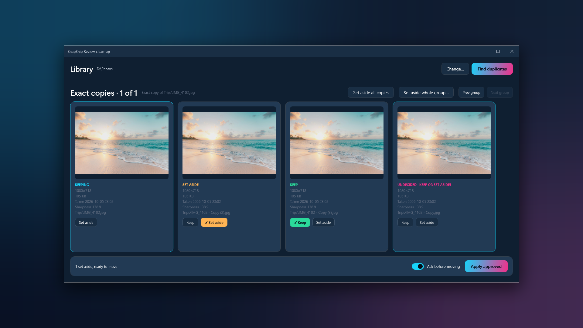 SnapSnip Review: four exact copies of a beach photo, the original marked Keep and the copies Set aside