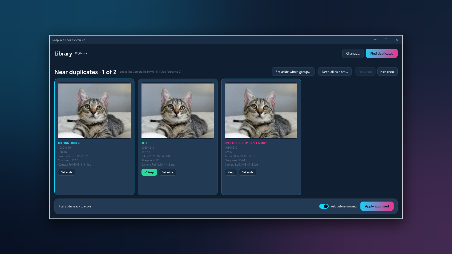 SnapSnip Review: a burst of near-identical kitten photos with Keep all as a set
