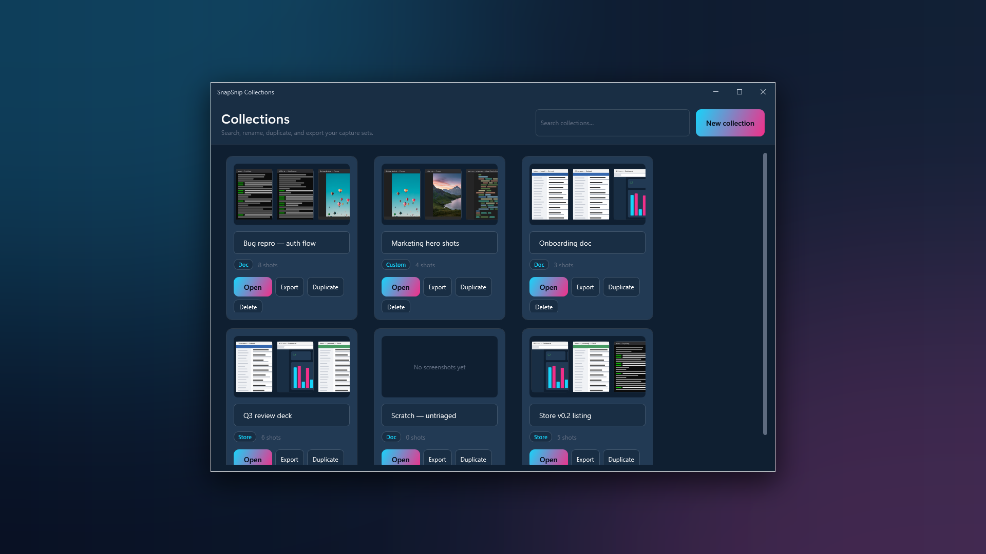 SnapSnip Collections for a doc, a deck and a Store listing
