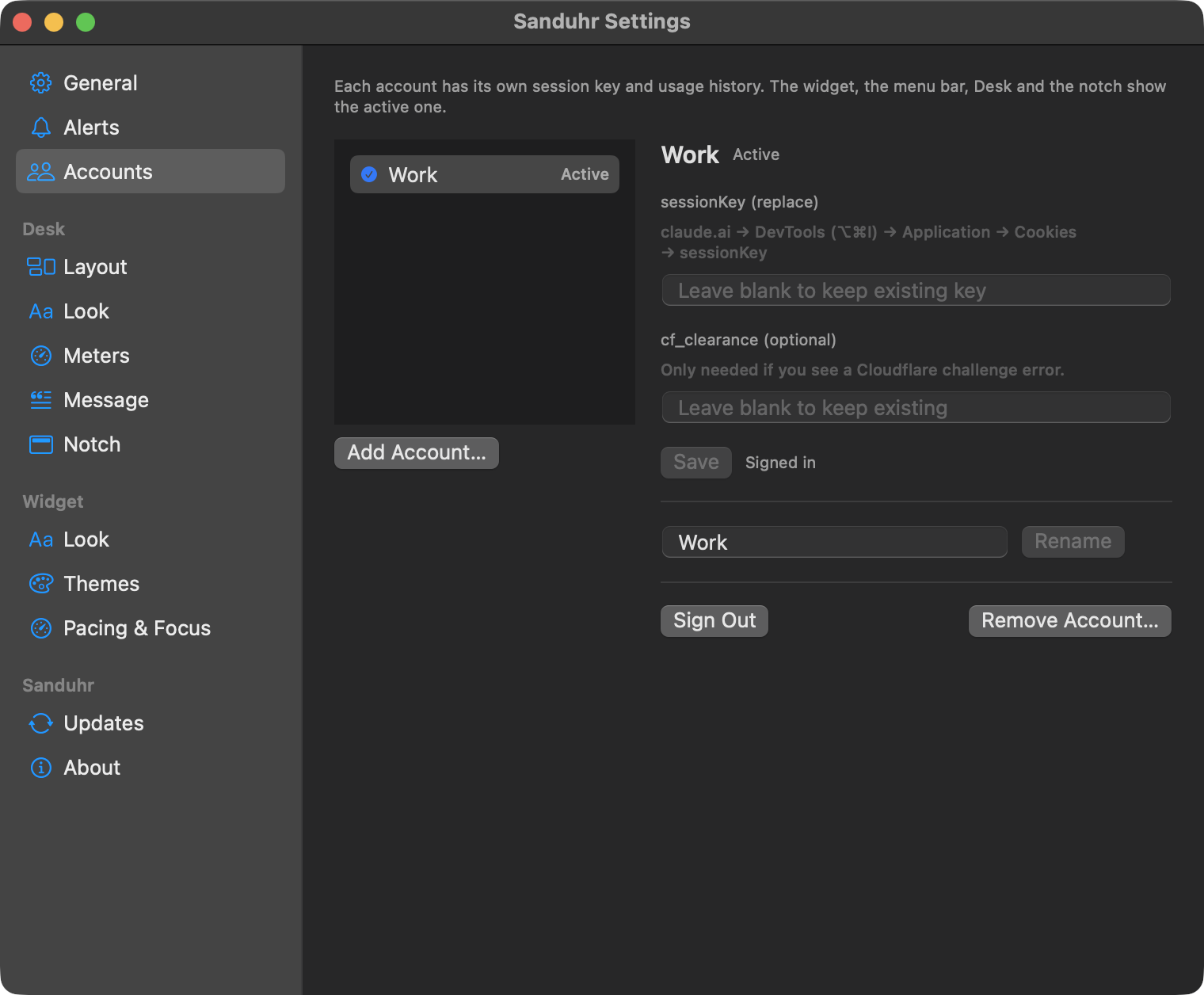 Sanduhr Settings, Accounts: the account list with Work active, its session key field, Sign Out and Remove Account