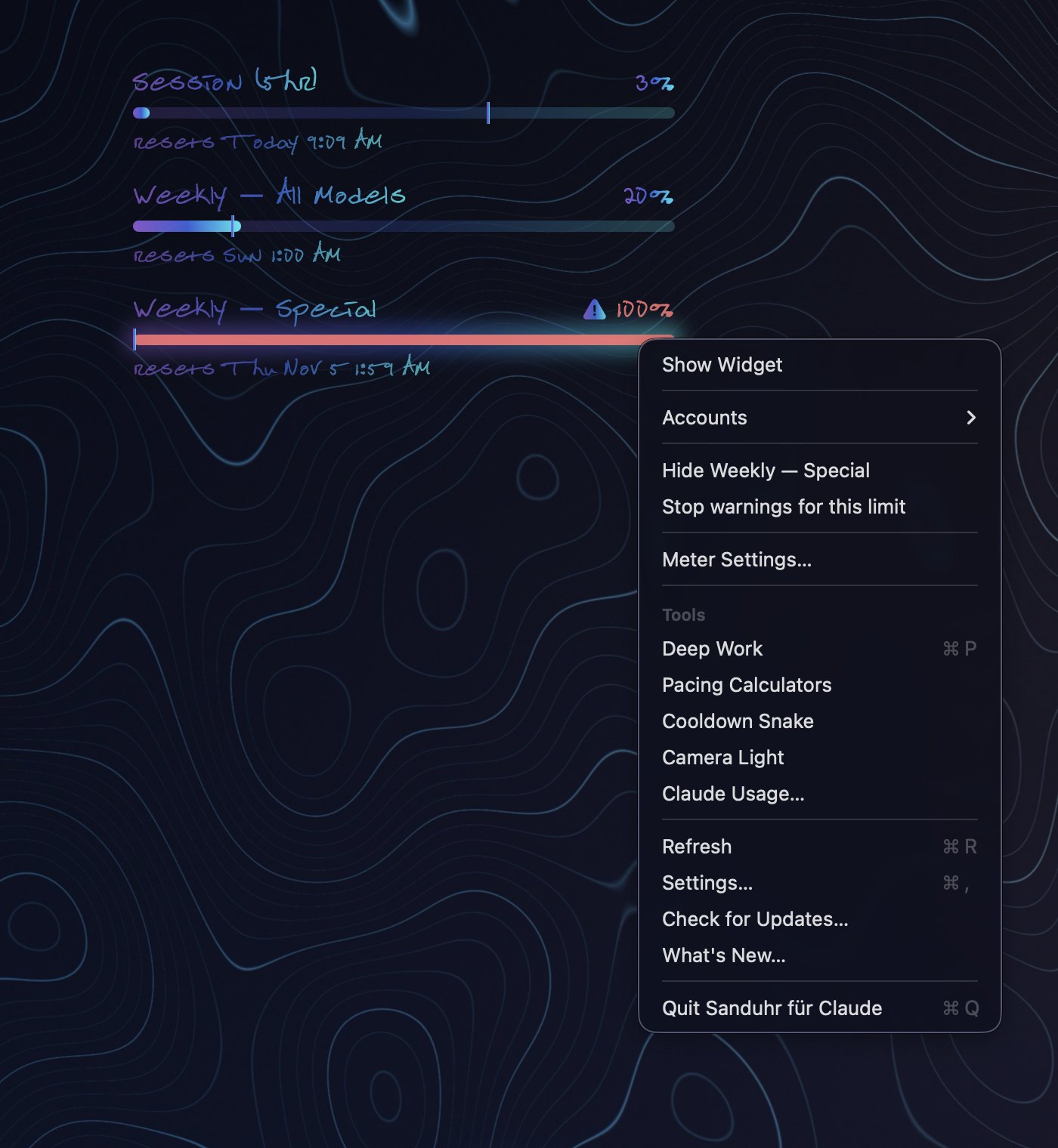 A Desk meter's two-finger menu on a temporary Weekly Special limit at 100%: Show Widget, Accounts, Hide Weekly Special, Stop warnings, Meter Settings and the Tools