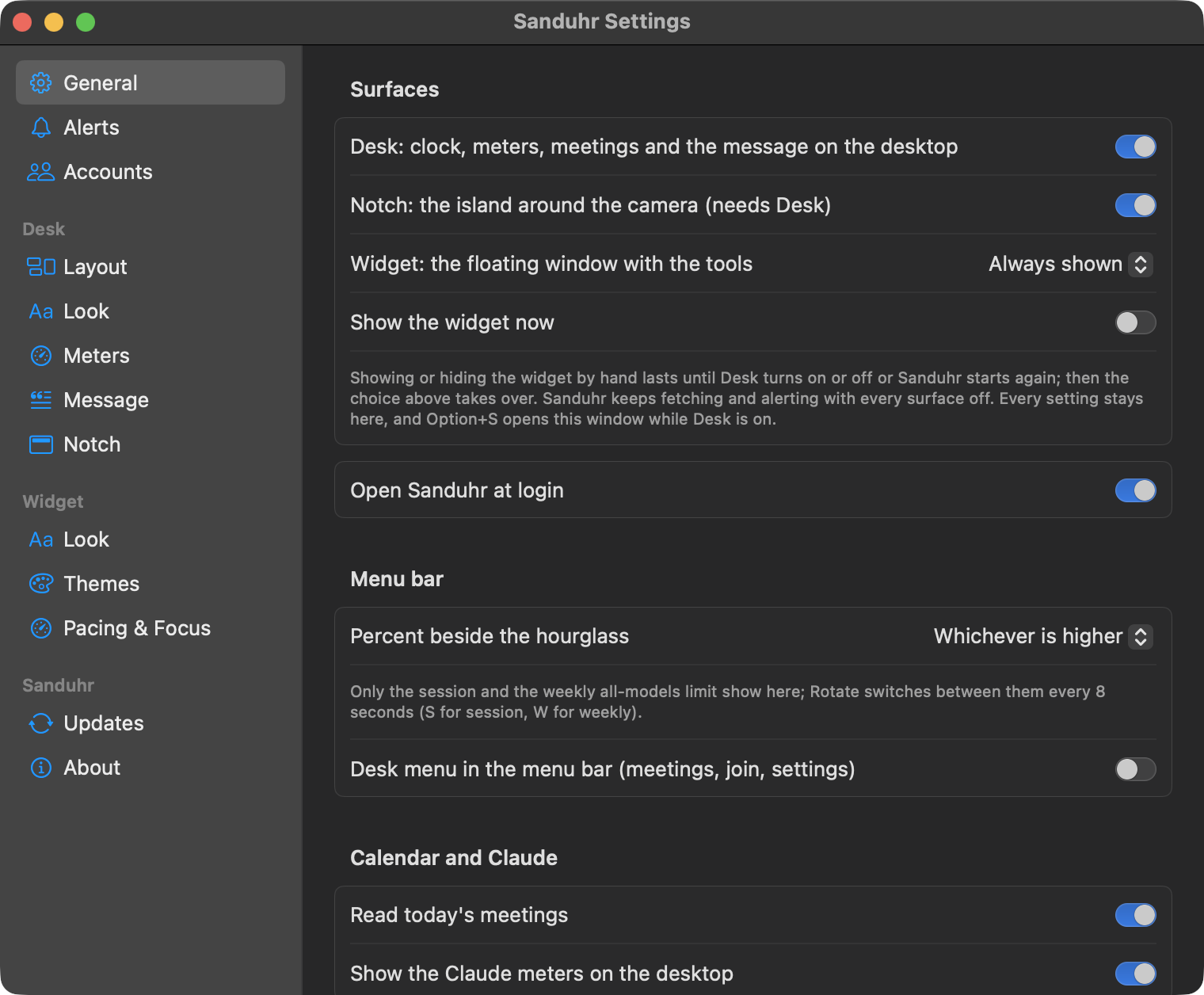 Sanduhr Settings, General: the surfaces toggles and the menu bar's percent set to Whichever is higher