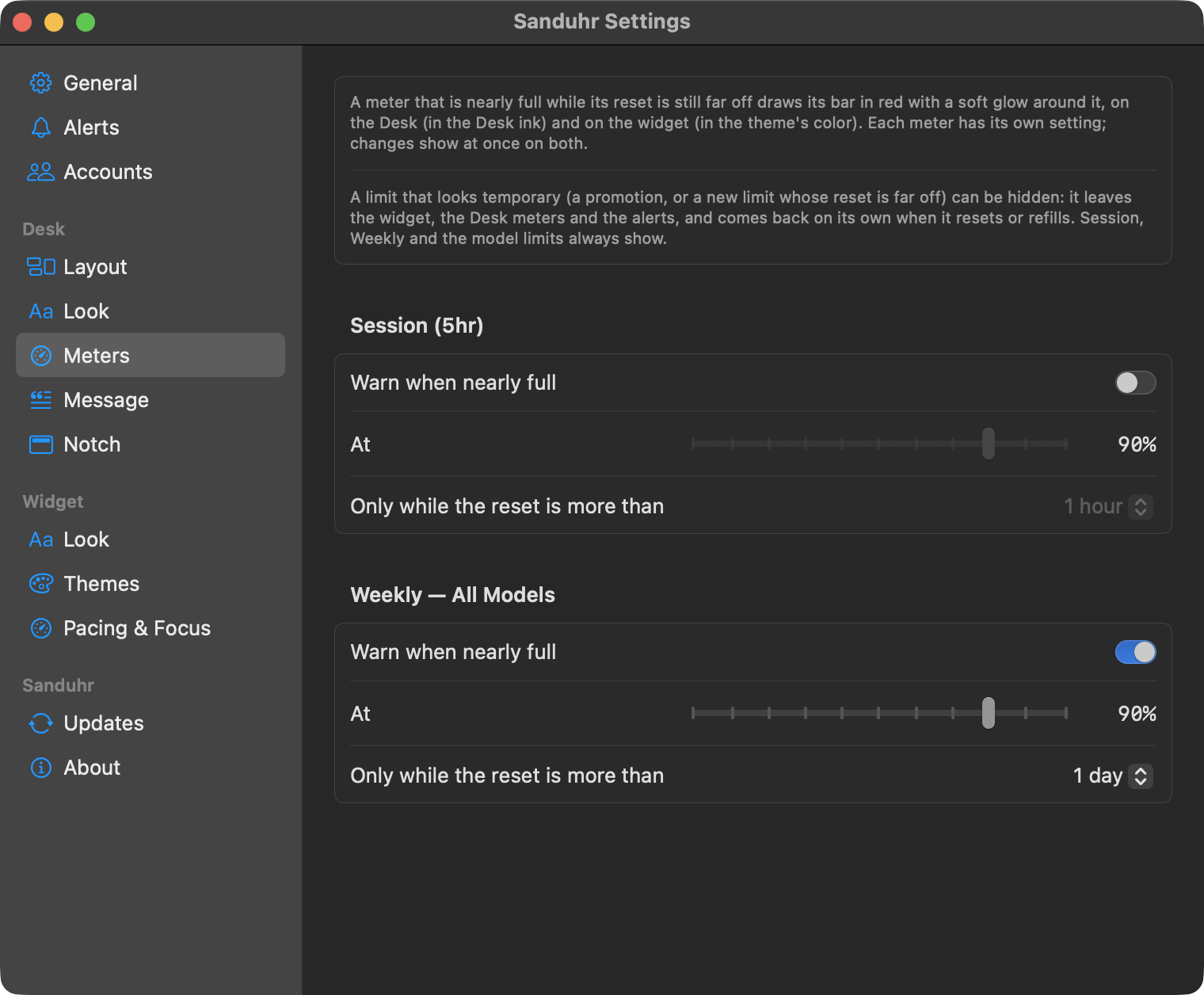 Sanduhr Settings, Desk Meters: per-limit warnings, and the note that temporary limits can be hidden and come back on their own