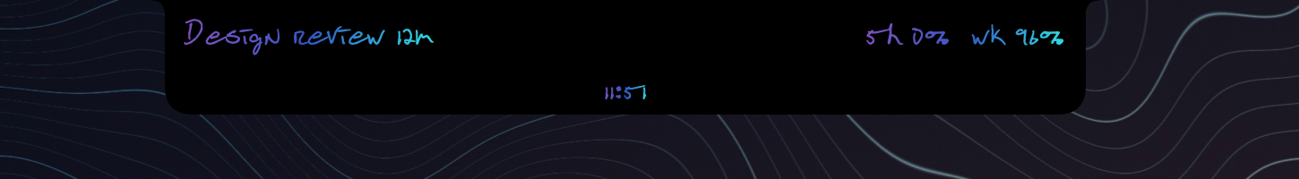 The notch on a MacBook: the next meeting on the left wing, Session and Weekly percentages on the right, and the time in the strip under the camera