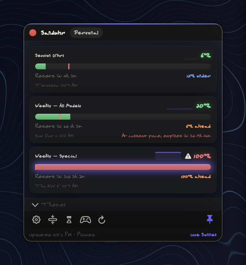 The Sanduhr widget on Mac with the Personal account chip: Session, Weekly All Models and a temporary Weekly Special limit at 100%, each with a pace mark, reset time and sparkline