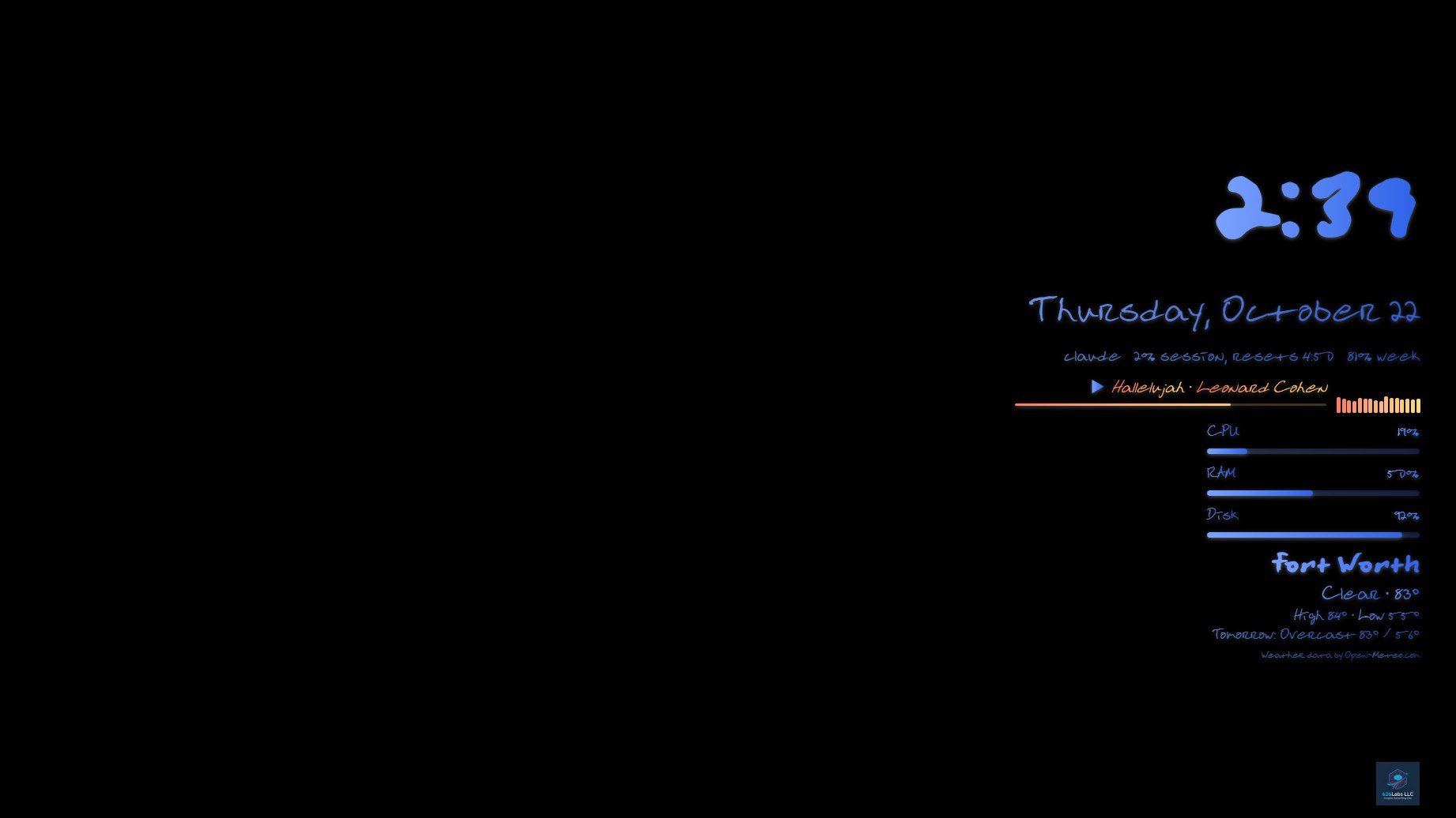 The Desk alone on a black desktop in a blue design called Neon Column: the time 2:39, Thursday, October 22, a line reading claude 2% session, resets 4:50 and 81% week, Hallelujah by Leonard Cohen playing in its own orange look with level bars, CPU, memory and disk bars, and the weather for Fort Worth, all in blue handwriting on the right edge