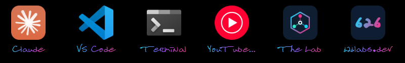 The Launcher: six buttons with their own icons, labeled in handwriting: Claude, VS Code, Terminal, YouTube Music, The Lab and 626labs.dev