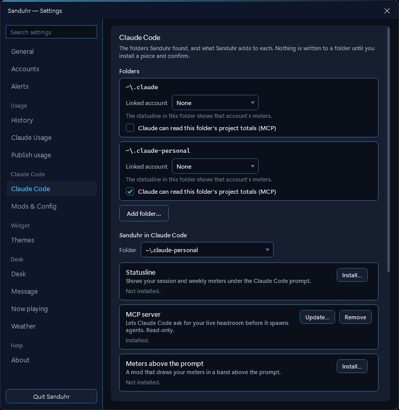 Sanduhr Settings, Claude Code: two found folders, ~\.claude and ~\.claude-personal, each with a Linked account picker and a checkbox for Claude reading its project totals; below, Sanduhr in Claude Code for one folder with Statusline not installed, MCP server installed with Update and Remove buttons, and Meters above the prompt not installed