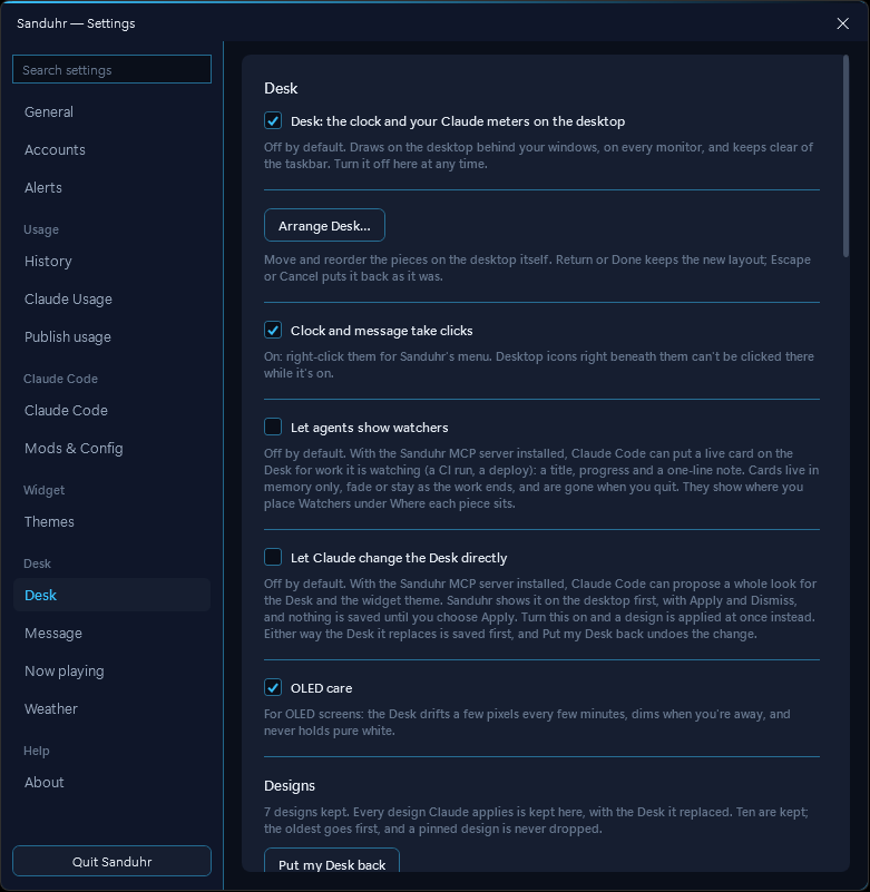 Sanduhr Settings, Desk: the Desk switched on, an Arrange Desk button, Clock and message take clicks switched on, Let agents show watchers off, Let Claude change the Desk directly off with its explanation, and OLED care on