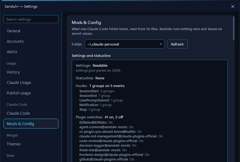 Sanduhr Settings, Mods & Config for one Claude Code folder: the settings file readable, statusline none, hooks as 7 groups on 5 events, and a list of plugin switches, 41 on and 2 off