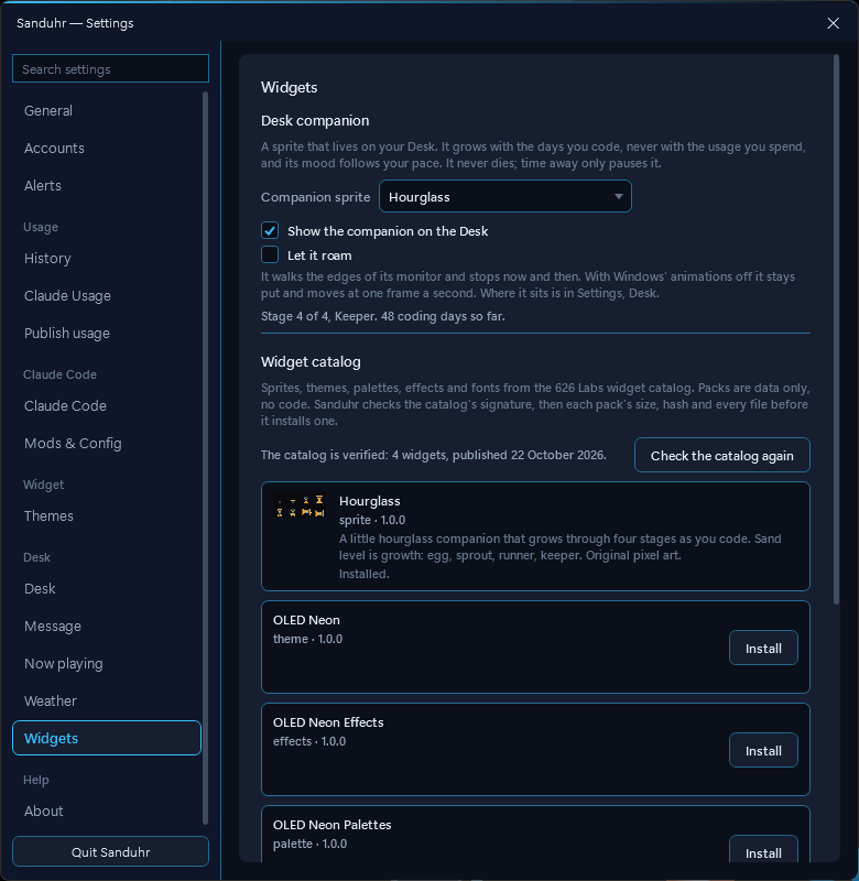 Sanduhr Settings, Widgets: a Desk companion section with the sprite set to Hourglass, Show the companion on the Desk ticked, Let it roam unticked, and the line Stage 4 of 4, Keeper. 48 coding days so far.; below it the widget catalog, verified, 4 widgets, published 22 October 2026, with Hourglass marked Installed and OLED Neon, OLED Neon Effects and OLED Neon Palettes each with an Install button